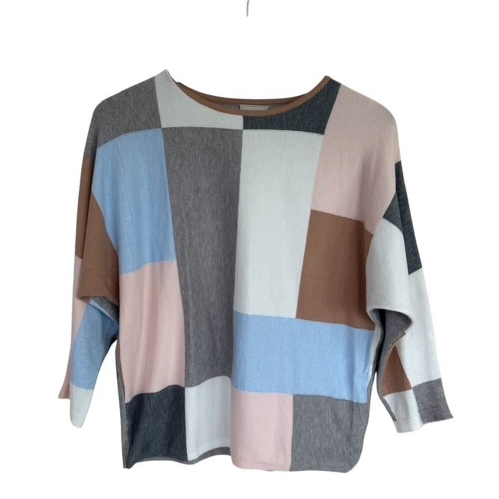 SIONI Womens Knit Sweater Dolman Sleeve Color Block Pink Gray Blue - Large
